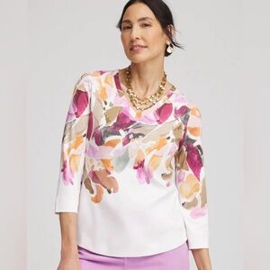 Chico’s Pima 3/4-Sleeve‎ Print Tee White Multi Large Chico 2 Watercolor Romantic